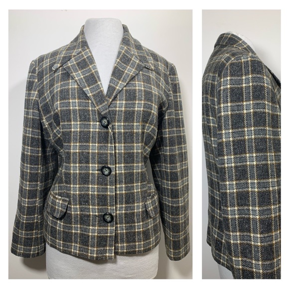Topshop Jackets & Blazers - Topshop Women's Blazer Jacket Checked Grey Mix Wool Blend Single Breast UK 12